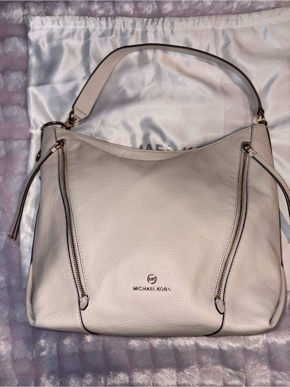Michael Kors Light Cream Leather Shoulder Tote with Gold Accents